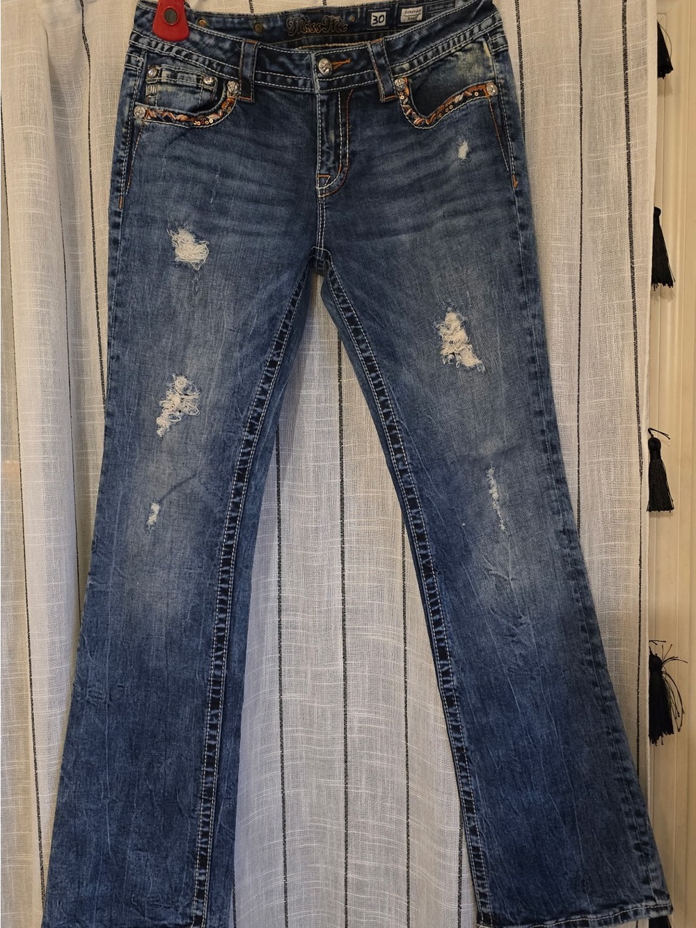Miss Me Blue Distressed Flare Jeans with Embellished Pockets